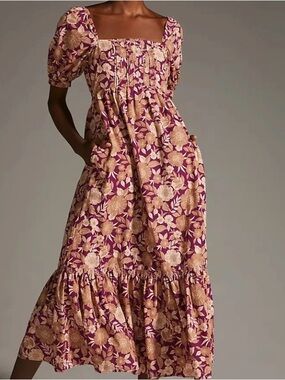 Favorite Daughter Plum and Tan Floral Maxi Dress with Puff Sleeves